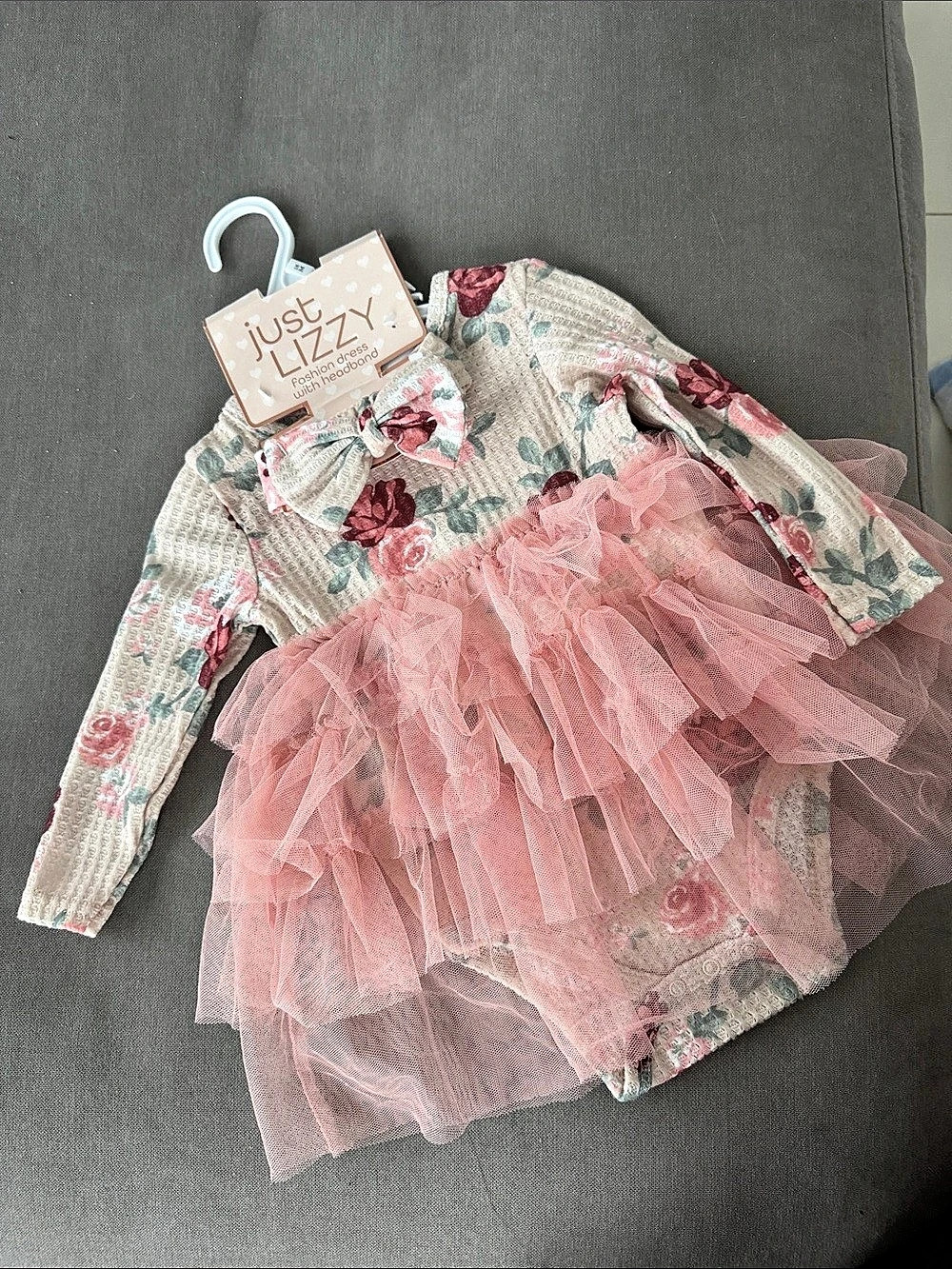 Just Lizzy Fashion Dress with Headband Floral Dress Pink Baby 18M NWT